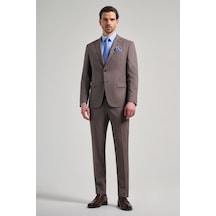 İmza Kendinden Desenli Bez Ayağı Mono Yaka Tam Astar Esnek 6 Drop Slim Fit Takım Elbise 1001250168 Kahverengi