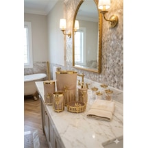 Makri Home Gold Kaplama Metal Stantlı 5 Parça Mermer Desenli Ve Düz Renk Seçenekli Banyo Aksesuar Takımı Somon