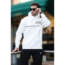 Madmext Ekru Kapüşonlu Şerit Detaylı Baskılı Erkek Sweatshirt 7091 Ekru