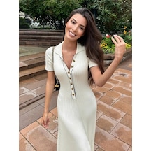 Efnaz Style Kadın Kısa Kollu Yakalı Önden Düğmeli Maxi Triko Elbise Beyaz
