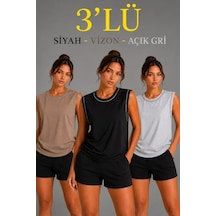 Valensdesign 3 Lü Kolsuz Sporcu Atlet Seti Yazlık Bisiklet Yaka - Siyah, Kahverengi, Gri Çok Renkli
