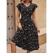 Kadın Kısa Kollu V Yakalı Beli Lastikli Çiçek Desenli Süprem Elbise Siyah