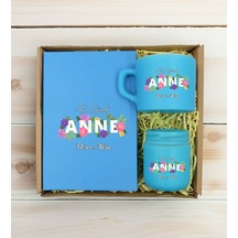 Bk Gift Kişiye Özel İsimli Dtf Anne Temalı Turkuaz Defter & Kahve Fincanı & Mum Hediye Seti-3, Anneye Hediye, Anneler Günü Hediyesi Kobitmeyencom30821