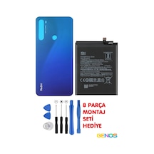 Xiaomi Redmi Note 8 Uyumlu Arka Cam Kapak Batarya Pil Kapağı Mavi + Note 8 Batarya Pil Bn46