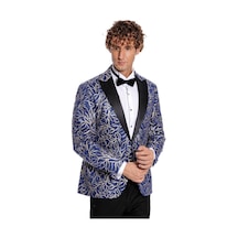Wessi Işıltılı Sarmaşık Desenli Slim Fit Mavi Erkek Smokin Ceket Mavi