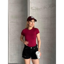 Kadın Basic Bisiklet Yaka Slim Fit Body Kısa Kol Günlük Body Bordo