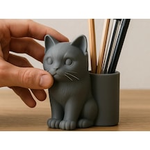 3d Baskı Kedi Figürlü Kalemlik - Masaüstü Organizer - Gri Çok Renkli