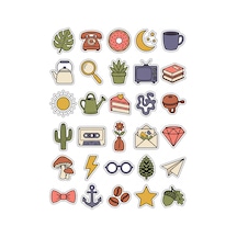 30 Adet Retro Estetik Botanik Ve Obje Sticker Seti - Laptop Defter Ajanda Çok Renkli