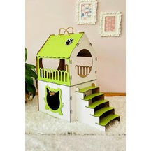 Dekoratif Ahşap Kedi Evi Teraslı 2 Katlı Merdivenli Kedi Evi 70 x 40 x 75 CM