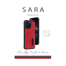 Apple iPhone Uyumlu - 14 Pro Max Kılıf Sara Kartvizitli Deri Kılıf - Kırmızı