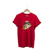 Avcılık Hunting Şapkalı Levrek Balığı Baskılı %100 Pamuk Regular Fit Bisiklet Yaka Kırmızı T-shirt Kırmızı