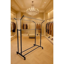 V Ayarlı 125 Cm En Çelik Konfeksiyon Elbise Askılık Tekerli Portatif Raf Home Hanger Siyah