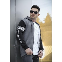 Oksit Extrem Pamuklu Üç İplik Şardonlu Fermuarlı Kapüşonlu Kol Baskılı Slim Fit Erkek Sweatshirt