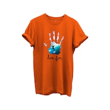 Live Free Yazılı Sörfçü Ve El Baskılı %100 Pamuk Regular Fit Unisex T-shirt Turuncu