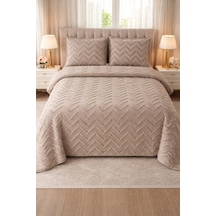 Zigzag Desenli Peluş Çift Kişilik Pike Takımı 4 Mevsim Kullanım, Şık Ve Modern Yatak Örtüsü Seti Vizon