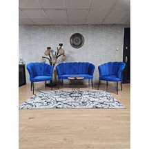 Zafir Siyah Boyalı Tel Ayak Papatya Çay Seti Koltuk Takımı , Balkon, Salon, Ofis, Cafe Koltuk Takımı Mavi