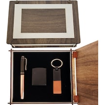 Özel Ahşap Kutulu Bakır Roller Kalem, Anahtarlık Ve Çakmak Set - 9068527980459drvs