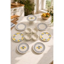 Mavi Limon 11 Parça 6 Kişilik Handmade Stackable Seramik Tabak Seti Premium Sunum & Kahvaltı Takımı Beyaz