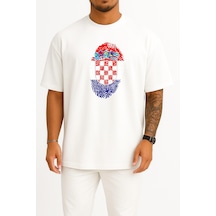 Bahriyeli Collection Oversize Hırvatistan Logosu Ve Bayrağı Göğüs Tasarımlı Unisex T-shirt Beyaz