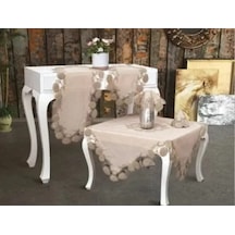 Salon Takımı 5 Parça Keten Dantelli Masa Örtüsü Runner Seti Çeyizlik Flowers Model Kapiçino Karışık