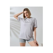 Kadın Bisiklet Yaka Baskılı Slim Fit T-shirt - Boyalı Gri