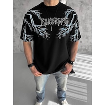 Barlashive Erkek Bisiklet Yaka Tişört Yıldırım Şimşek Baskılı Kısa Kol T-shirt -siyah Çok Renkli
