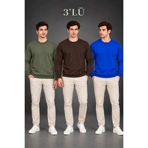 Modi Erkek 3lü Bisiklet Yaka İçi Şardonlu 2 İplik Düz Uzun Kollu Regular Fit Sweatshirt - Haki - Kahveren Çok Renkli S