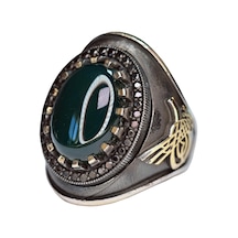 Erkekler İçin Gümüş Yüzük - Doğal Jade Taşı İle Osmanlı Tuğra Tasarımı Gümüş
