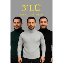 Butik İstanbul Erkek Fitilli Triko Kazak 3lü Set Gri Haki Siyah Regular Balıkcı Yaka Tam Boğazlı Triko Seti Modeli Kazak Çok Renkli