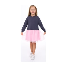 Toontoy Kız Çocuk Baskılı Relax Fit Bisiklet Yaka Uzun Kollu Tüllü Elbise - Renk Bloklu Pembe