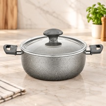 Granit Derin Tencere 24 Cm Cam Kapak Gri Kırçıllı Çok Renkli