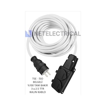 Kauçuk 2'li 90 Metre Topraklı Grup Priz - 3x2.5 Ttr Tam Bakır Kalın Beyaz Kablo 90 Metre
