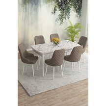 Eylül Beyaz Mermer Desen 80x132 Mdf Açılabilir Mutfak Masası Takımı 6 Adet Sandalye Cappuccino