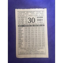 30 Kasım 2001 Takvim Yaprağı - Nostalji Koleksiyonluk Takvim Yaprağı
