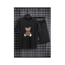 Medinenur Desenli Ayıcık Baskılı T-shirt Short Bol Paça Rahat Kalıp Siyah Alt Siyah Üst Short Takım Siyah