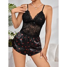 Kadın Siyah Kırmızı Kalp Desenli Saten Şort Pijama Takımı 2232 Siyah