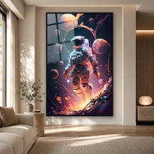 Gezegenler Arasında Işıklı Astronot Siyah Çerçeveli Cam Tablo