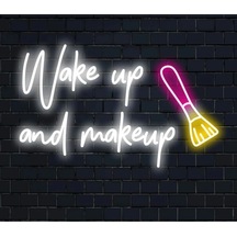 Wake Up And Makeup Yazılı Ve Şekilli Neon Tabela Beyaz