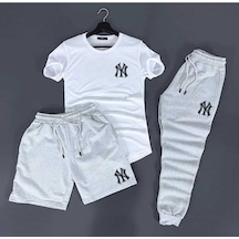 Fifty Color NY Baskı 3'lü Slim Fit Unisex Tshirt-Şort-Eşofman Takımı Gri - Beyaz