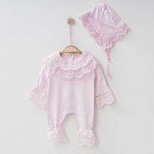 Buse&Eylül Bebe Pembe Güpürlü Şapkalı Kız Bebek Tulum Takım-Pembe