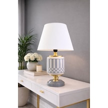 Abajur - Oval Kare Dik Çizgi Gri Beyaz Şapka Gold