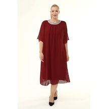 Bordo Büyük Beden Şifon Elbise 16E-1862 Bordo