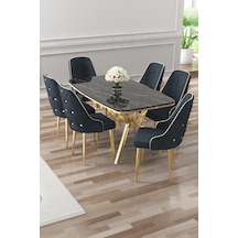 Canisa Asel Serisi 90x160 Lak Panel Siyah Mermer Desen Gold Detay Masa Takımı Ve 6 Antrasit Sandalye Masa Siyah Mermer Sandalye Antrasit Gold Detay