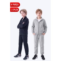 Panios Kids Erkek Çocuk 3 İplik Düz Basic Fermuarlı Dik Yaka Çift Cepli 2'li Eşofman Takımı 4 Parça Siyah-gri