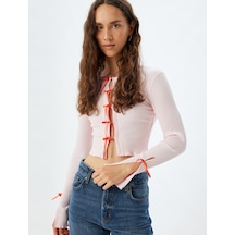 Koton Fiyonklu Crop Hırka Fitilli Slim Fit Uzun Kollu Yuvarlak Yaka Pamuklu Pembe 5wal90026ık Gül