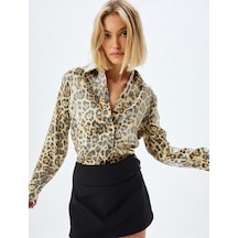 Koton Leopar Desenli Saten Gömlek Uzun Kollu Regular Fit Siyah Desenli 5wak60184uw Siyah Desenli