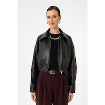 Antioch Crop Suni Deri Kadın Ceket Siyah