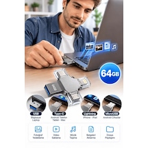 Lb Tek Ürünle Birden Fazla Cihazda Kullanım Sunan 64gb Lightning Type C Usb Microusb Girişli Flash Bellek