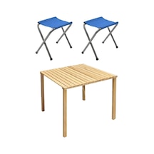 Exent Katlanır Ahşap Kamp Masası + 2 Adet Tabure Seti 60 x 60 CM Çok Renkli