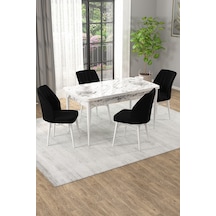 Arel Beyaz Mermer 80x132 Açılabilir Mdf Masa Yemek Odası Takımı, Mutfak Takımı 4 Adet Sandalye Beyaz Mermer - 4 Siyah - Beyaz Ayak